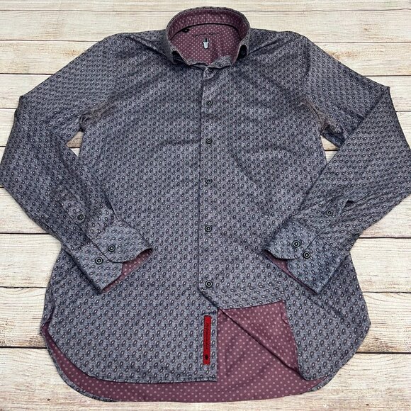 Visconti Black Men's Dress Shirt Small Gray Paisley Print Contrast Trim - Picture 11 of 11